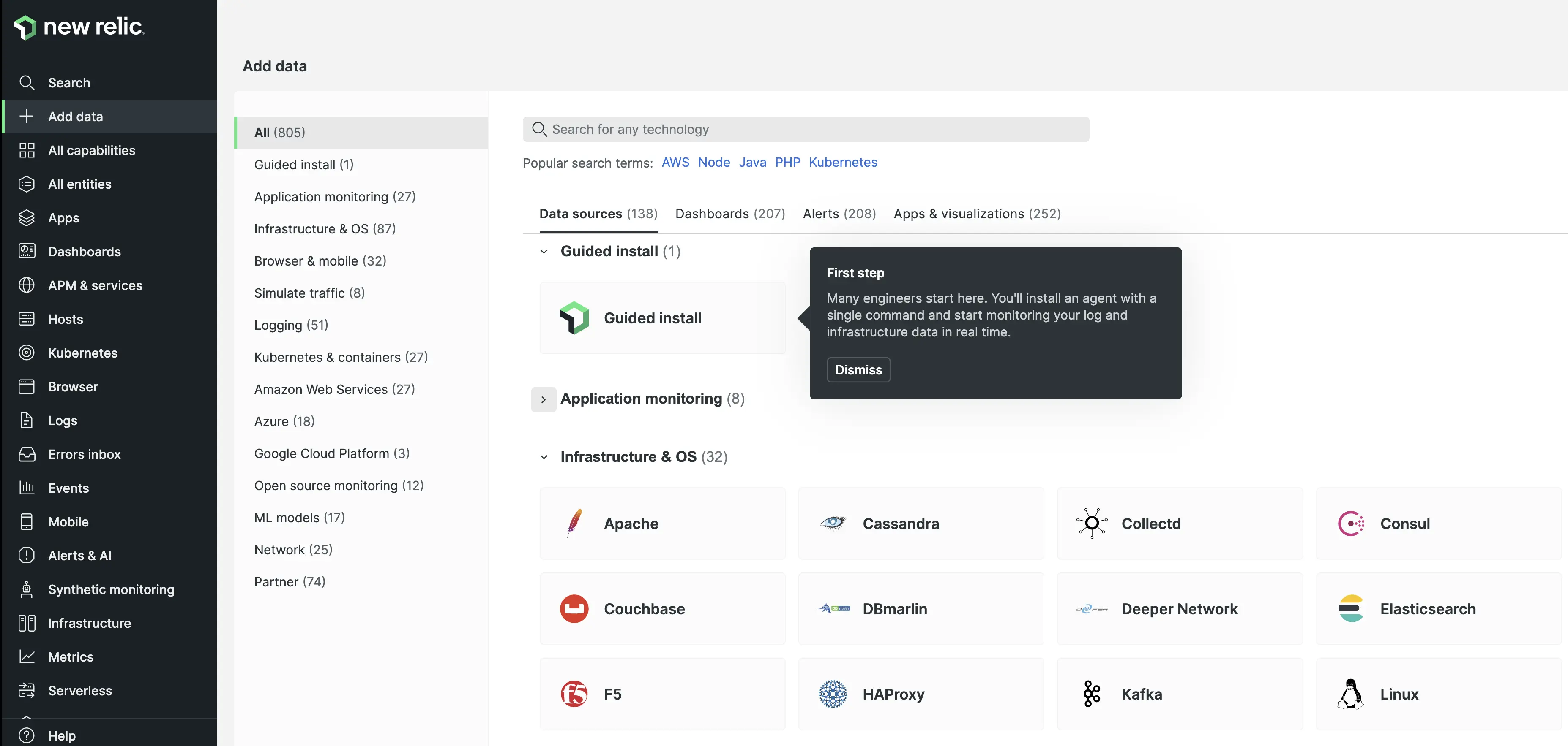 The New Relic guided install offers an enhanced instrumentation experience providing agent installation and incorporating alerts, dashboards, and logs in context.