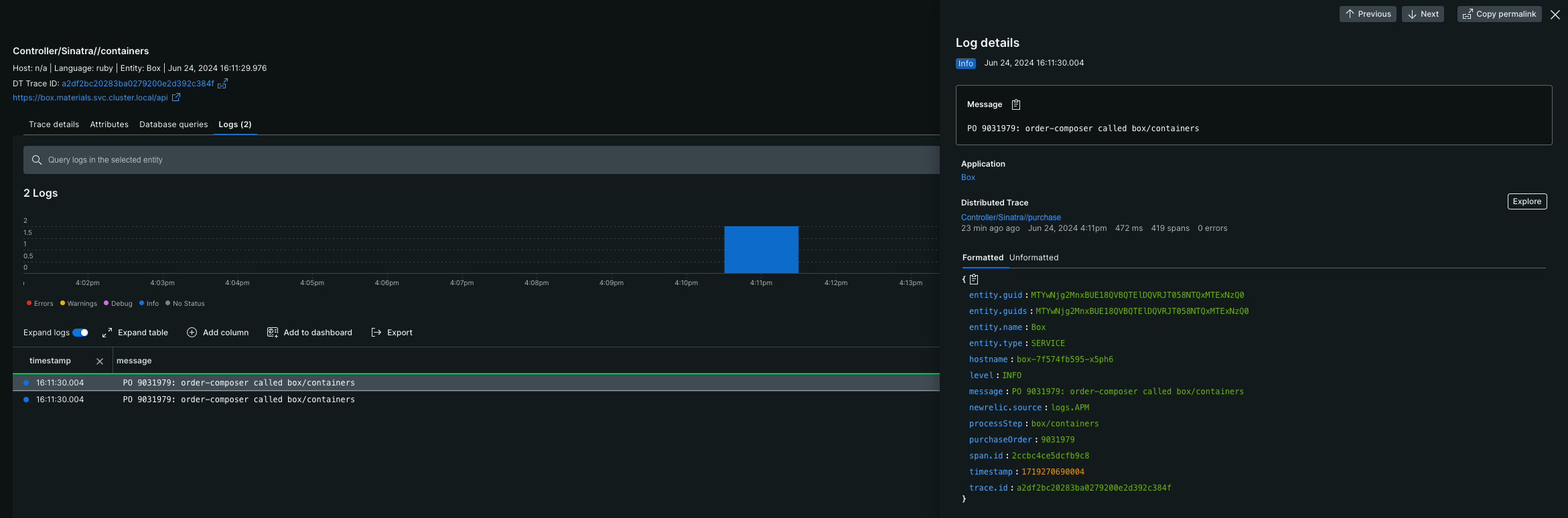 A screenshot showing logs in the context of a transaction trace.