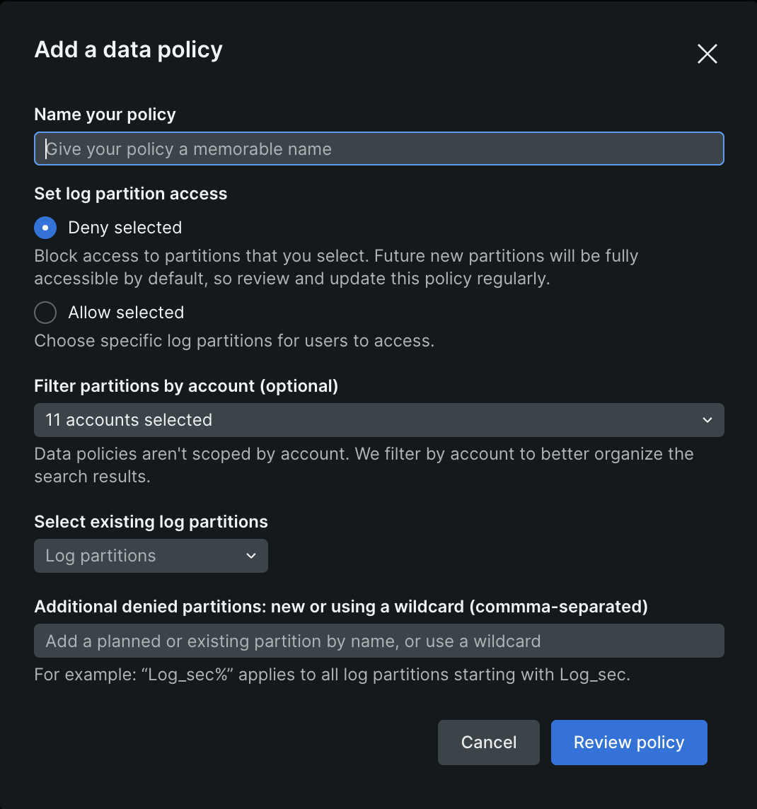 Add data access policy Screenshot showing how to add a data access policy