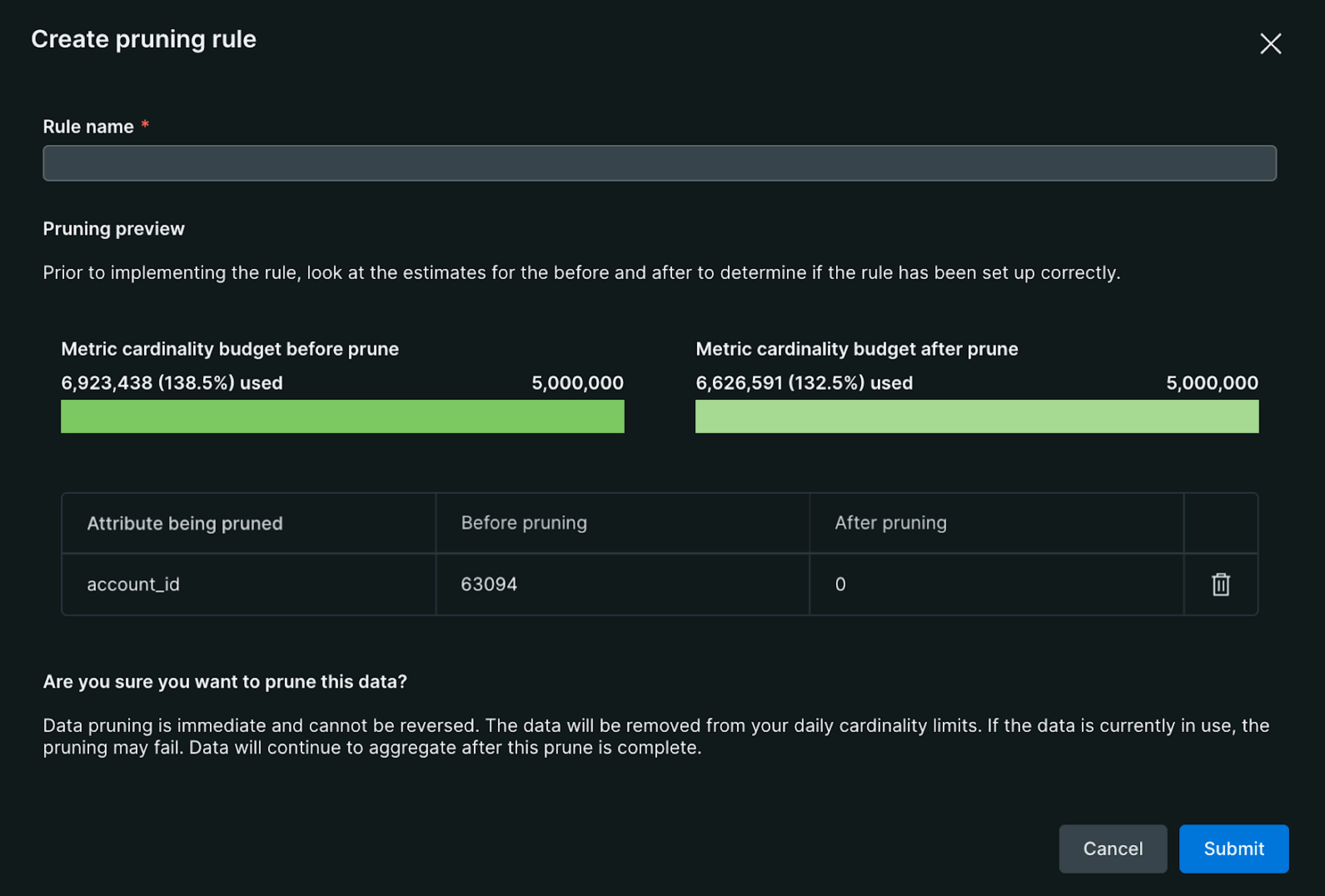 Screenshot of page to name the pruning rule