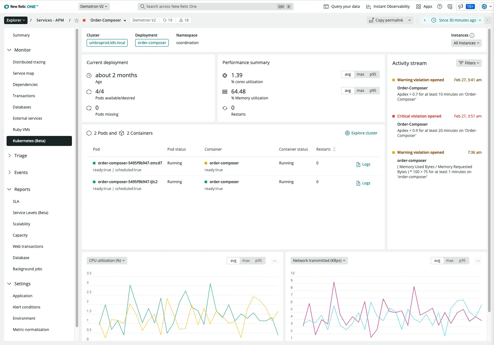 Screenshot showing Kubernetes in APM