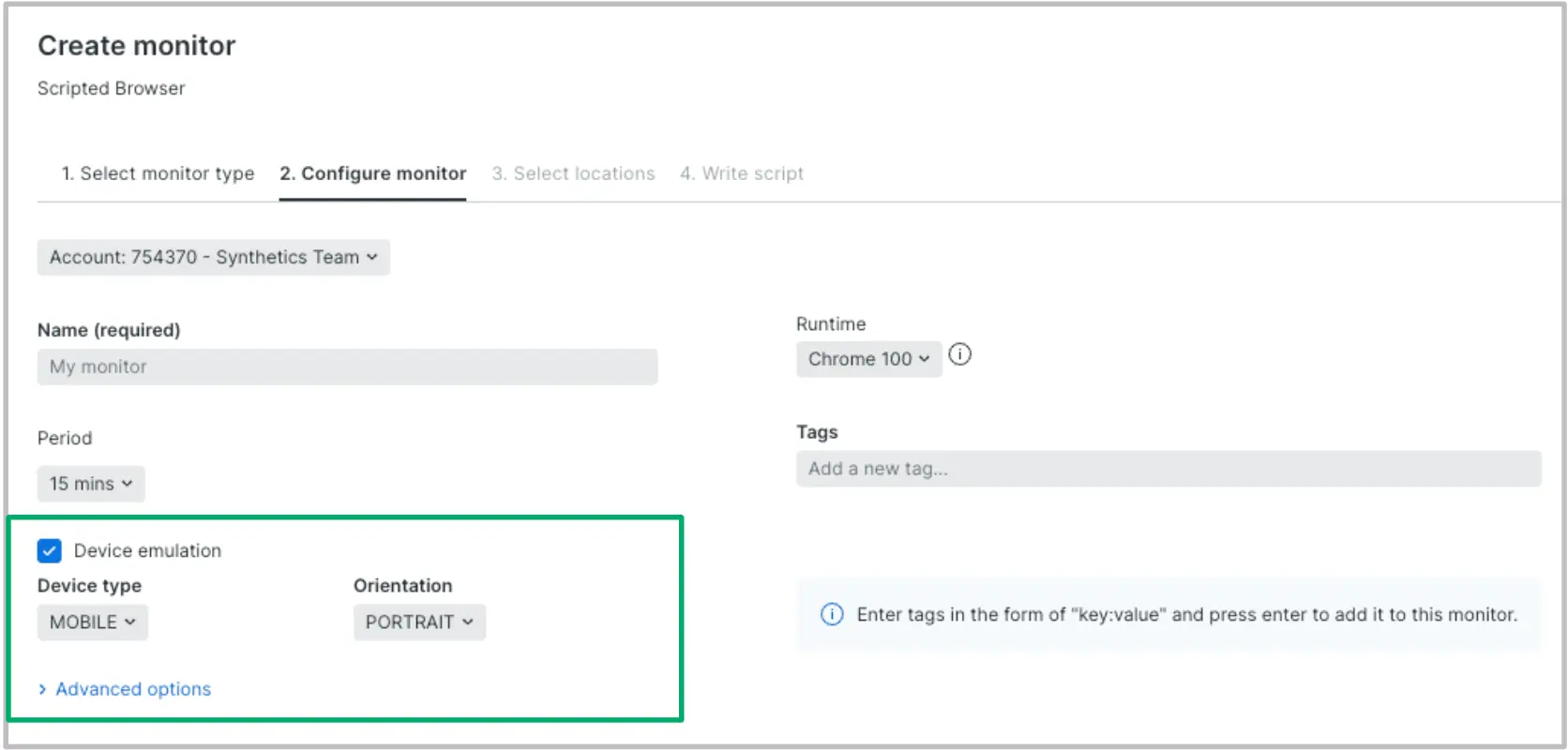 Getting started is as easy as selecting the device type (mobile or tablet) and orientation (portrait or landscape) you want to emulate when you create your simple browser or scripted browser monitors. Just as easily, you can modify existing checks