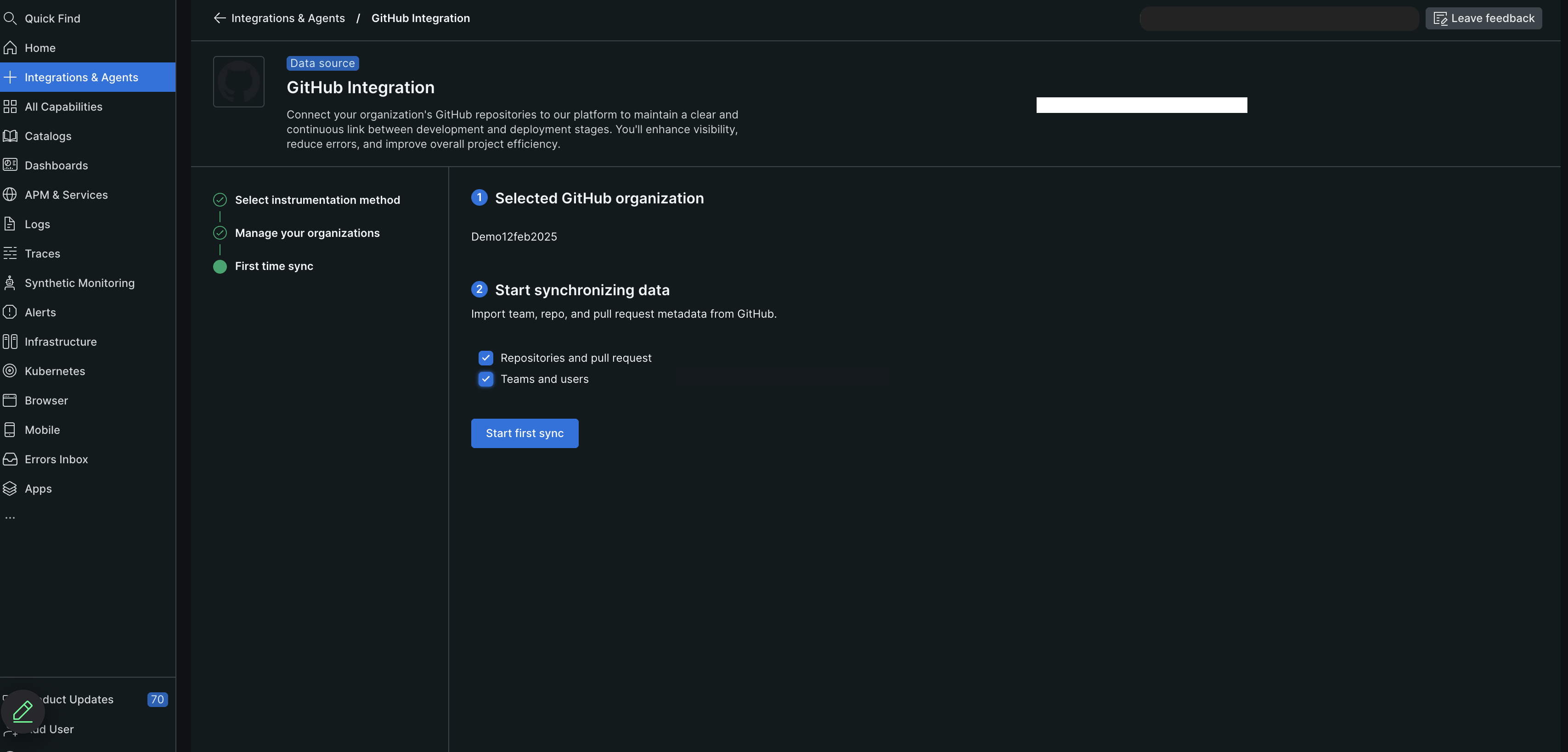 GitHub Enterprise Integration GitHub Enterprise Integration dashboard showing integration progress