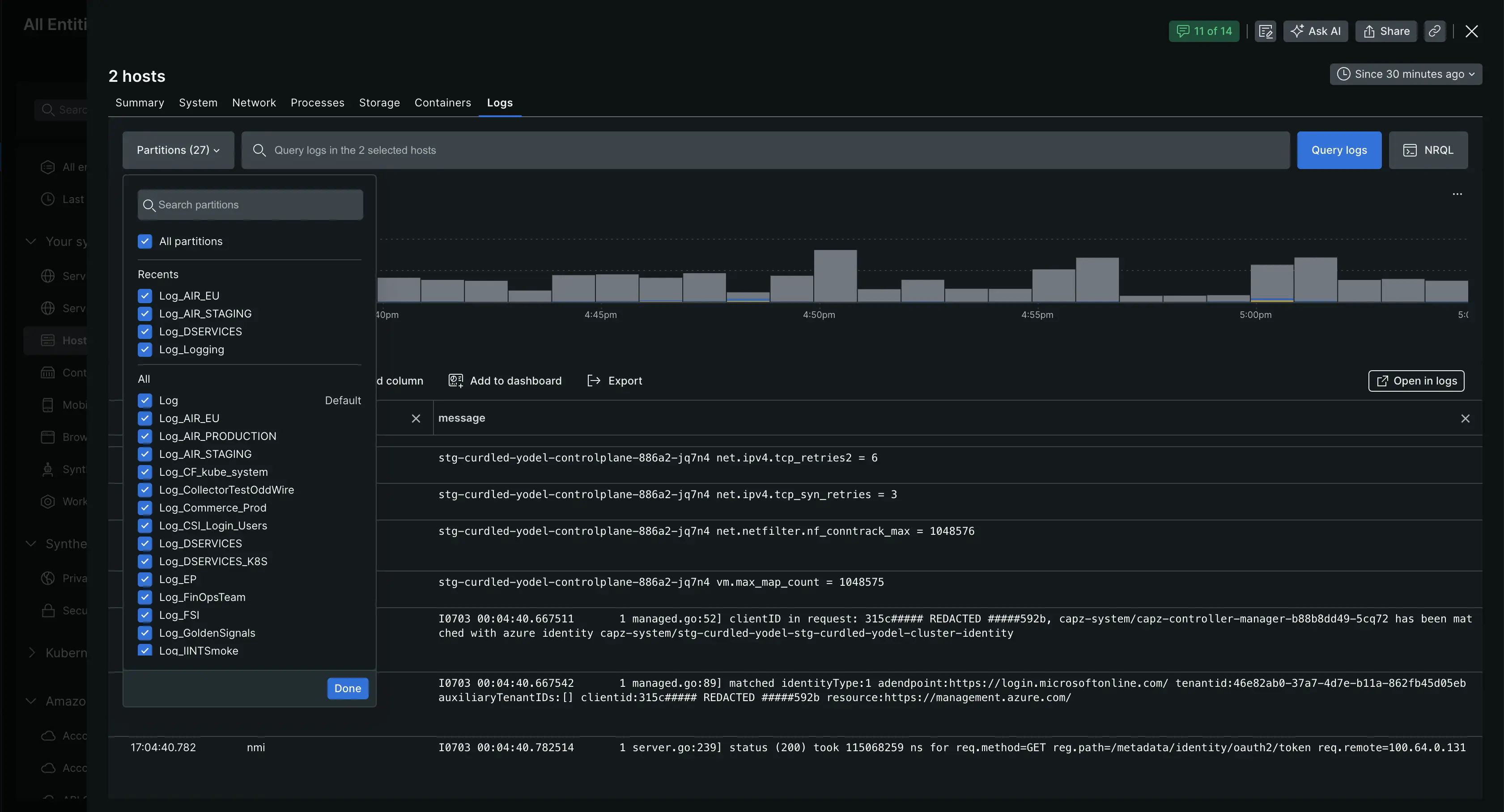 Data partition selection menu in hosts logs in context.