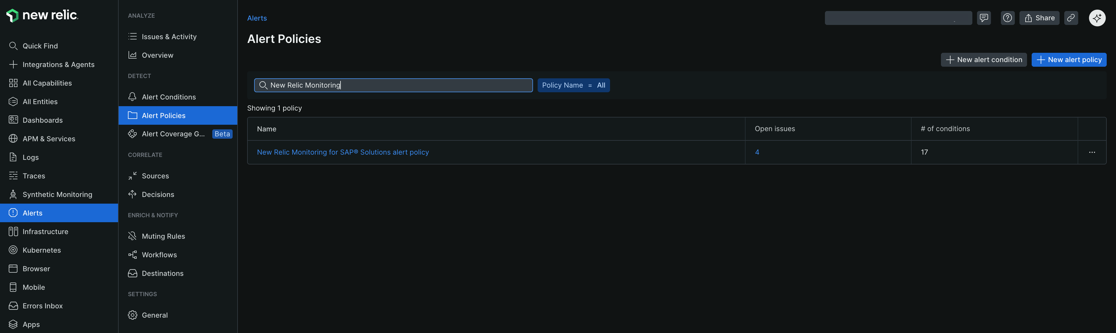 New Relic Monitoring for SAP Solutions alert policy A screenshot displaying the connection setup for New Relic Monitoring for SAP Solutions alert policy