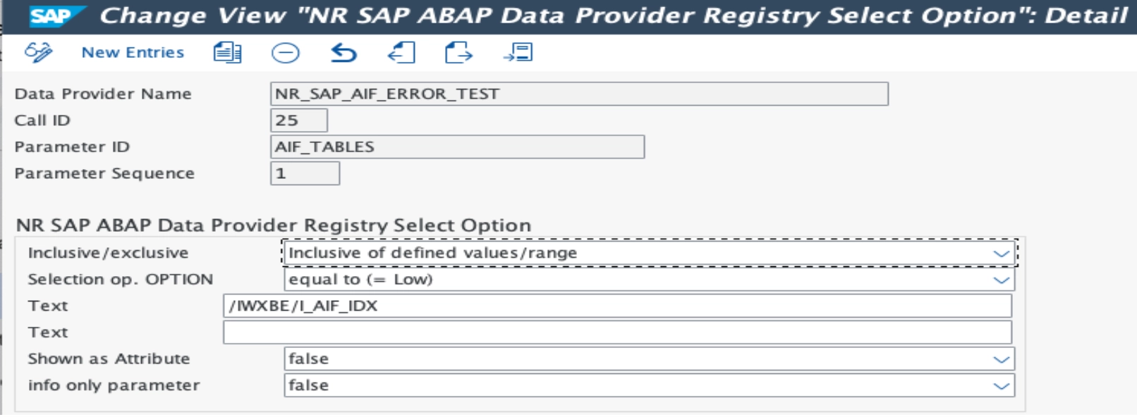 Configure new parameter AIF_TABLES for NR_SAP_AIF_ERROR Screenshot showing configuration of new parameter AIF_TABLES for NR_SAP_AIF_ERROR