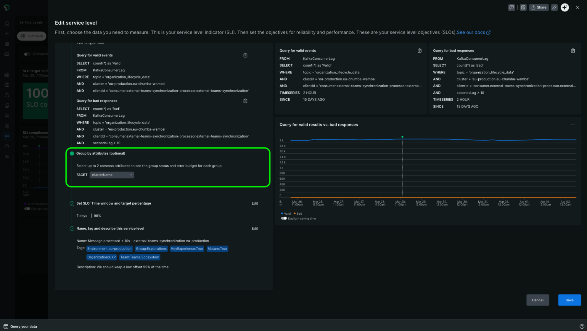 Group by attributes configuration Screenshot showing the Group by attributes step in service level configuration