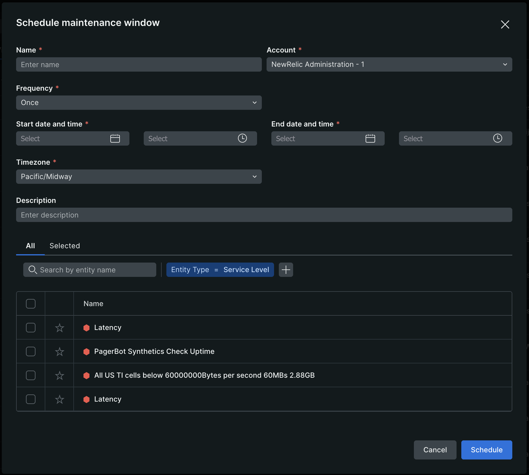 Schedule maintenance window form A screenshot showing the schedule maintenance window form with fields for name, account, frequency, start/end dates, timezone, description, and service level selection