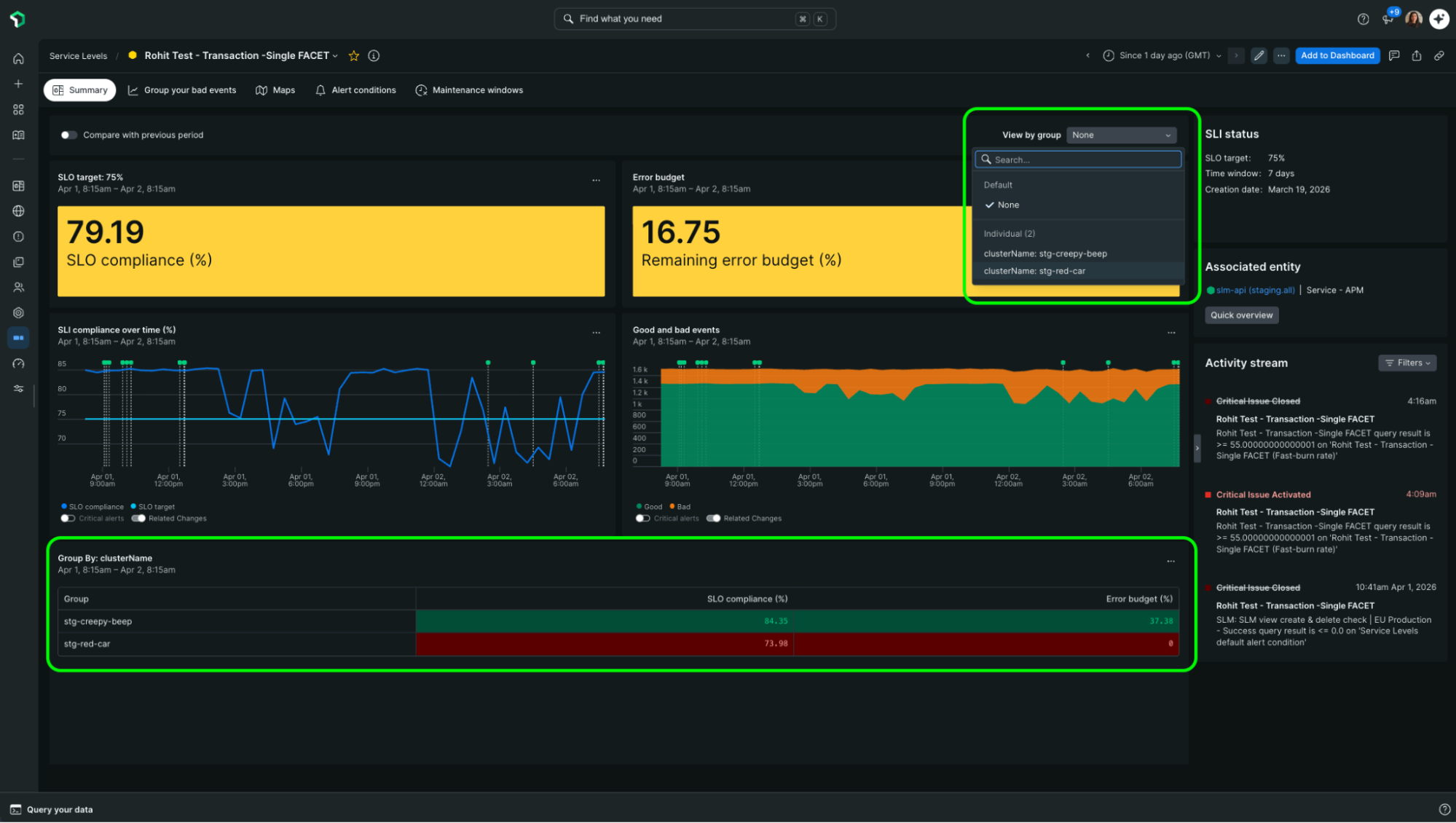 Faceted service level UI Screenshot showing the faceted service level analysis interface with group filters and compliance data