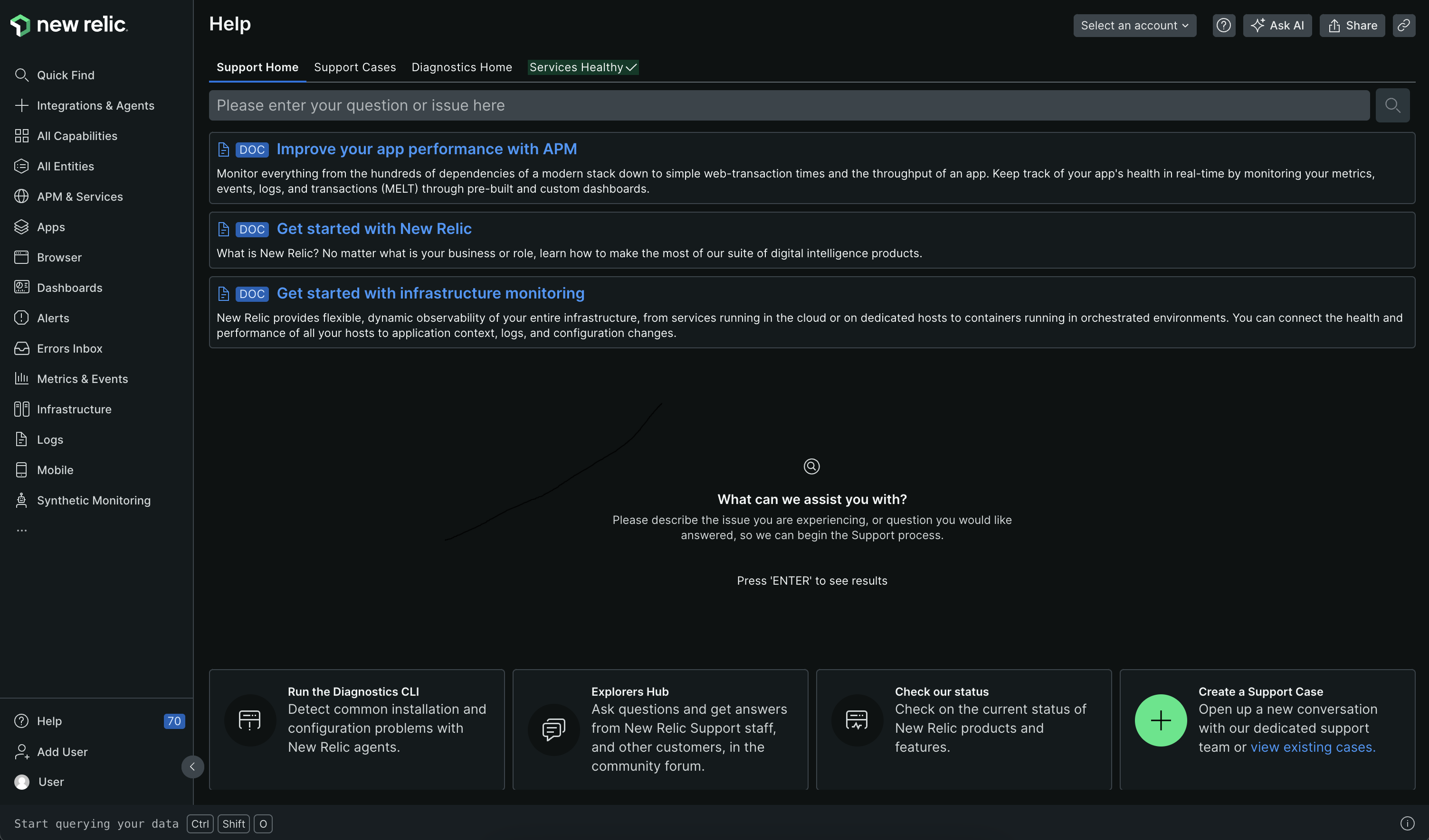 New Relic's in-product support In-product support