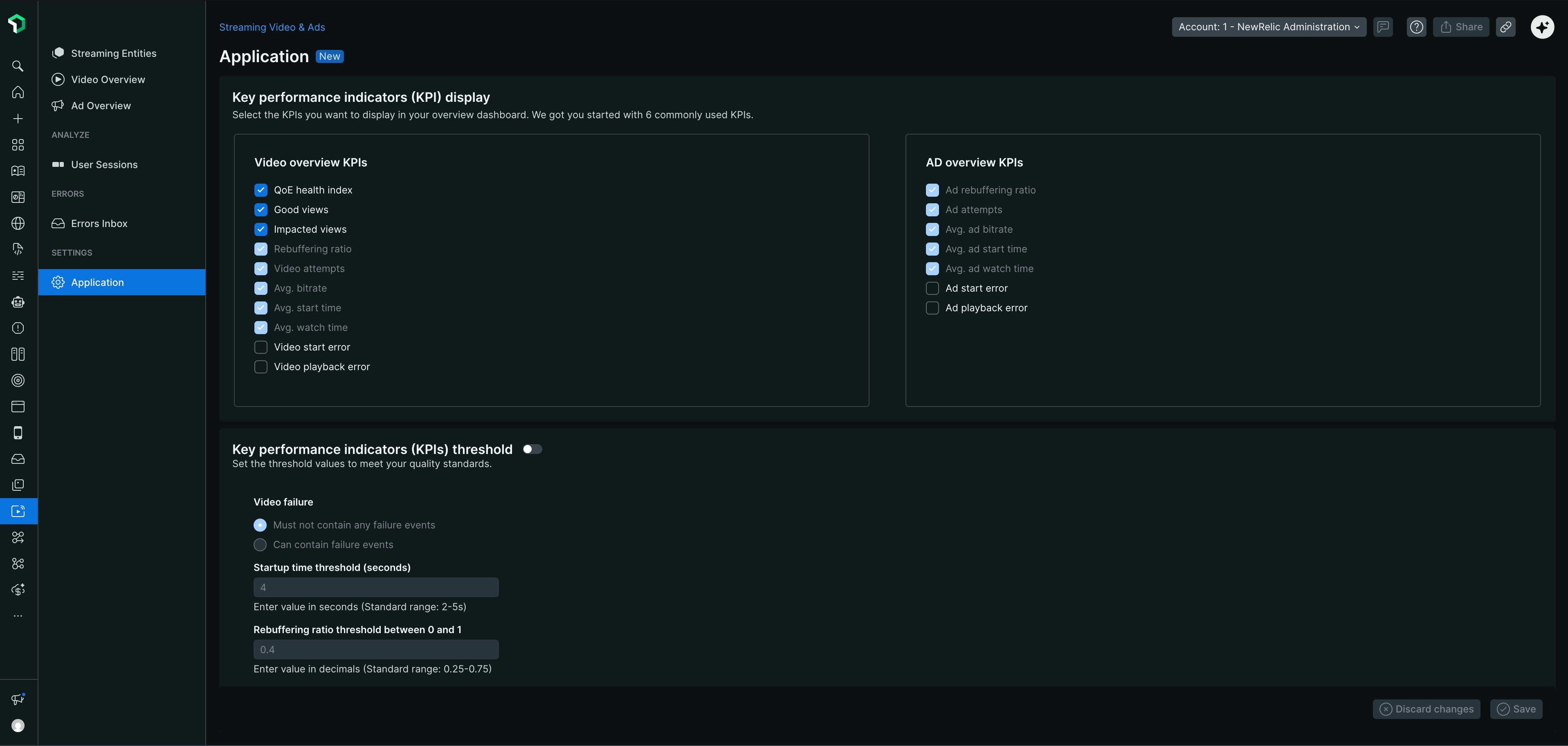 Application settings sections Screenshot of application settings sections