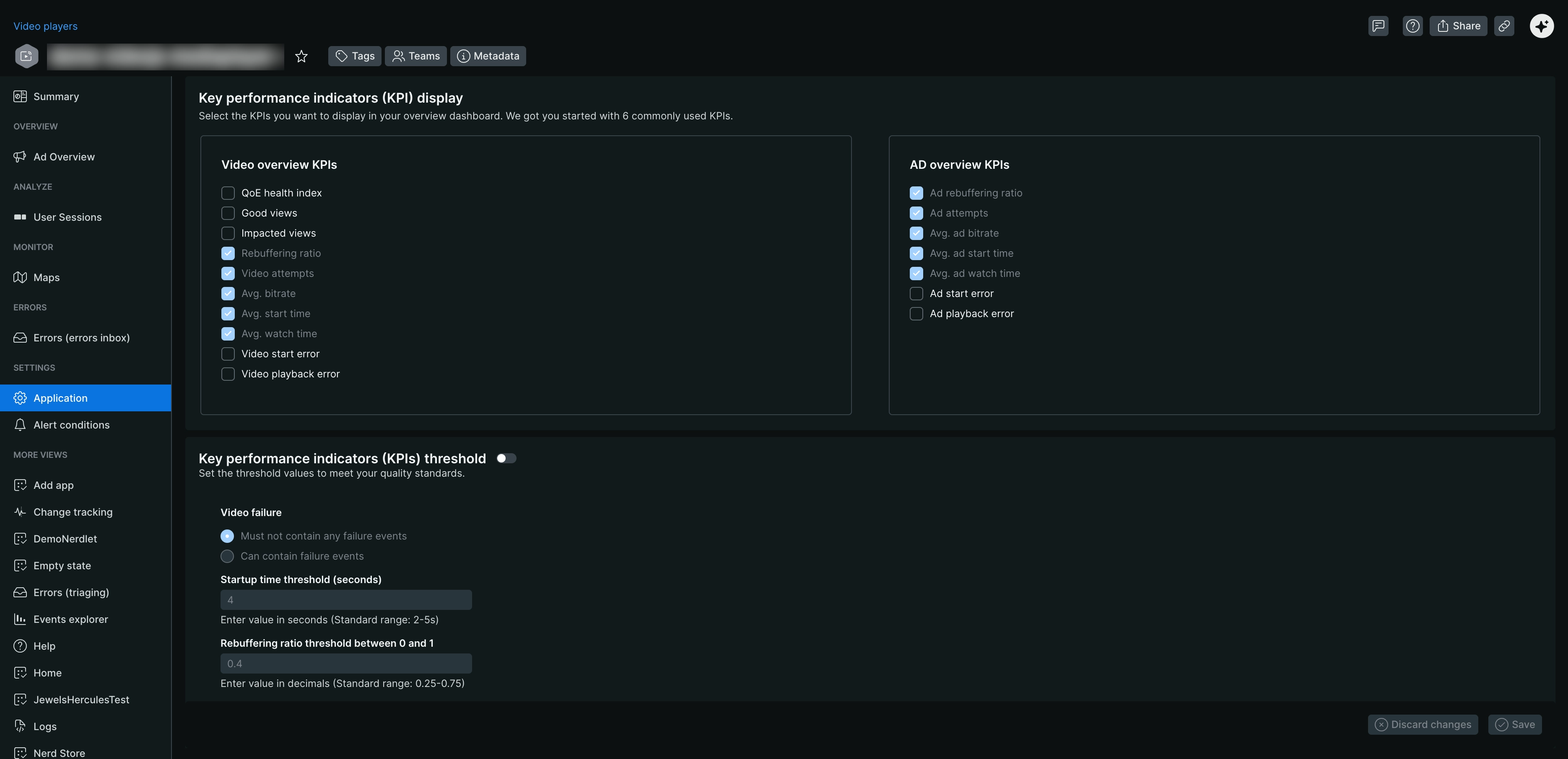 Application settings sections Screenshot of application settings sections