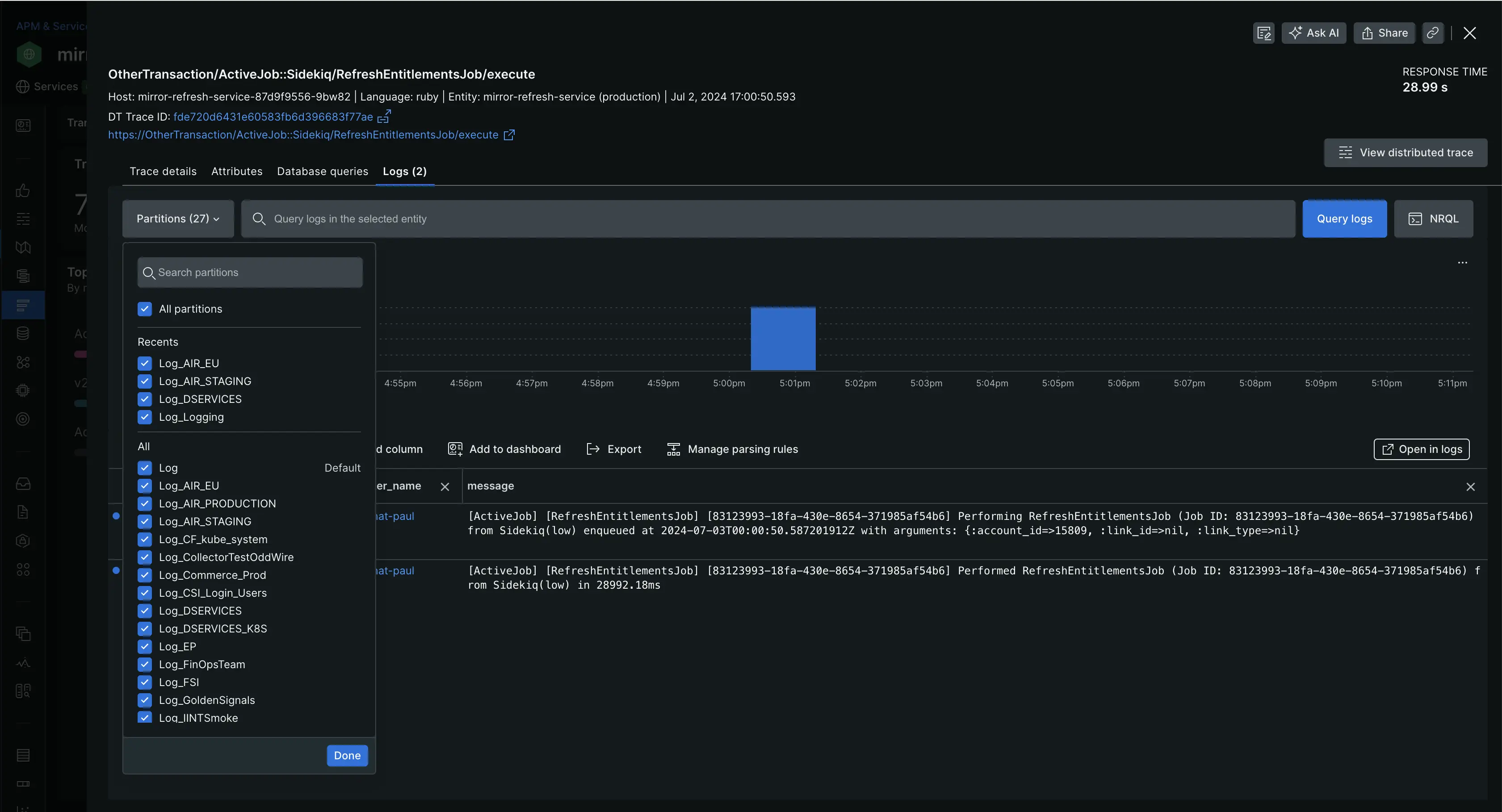 Data partition selection menu in transactions logs in context.