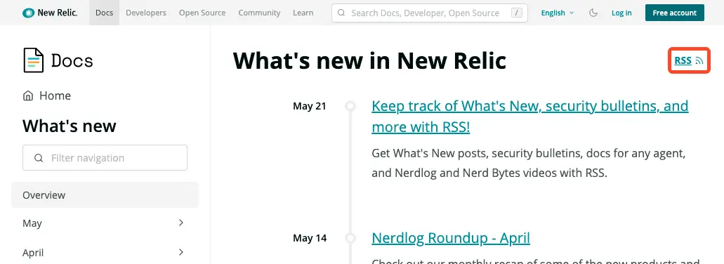 RSS feed link on the What's New page